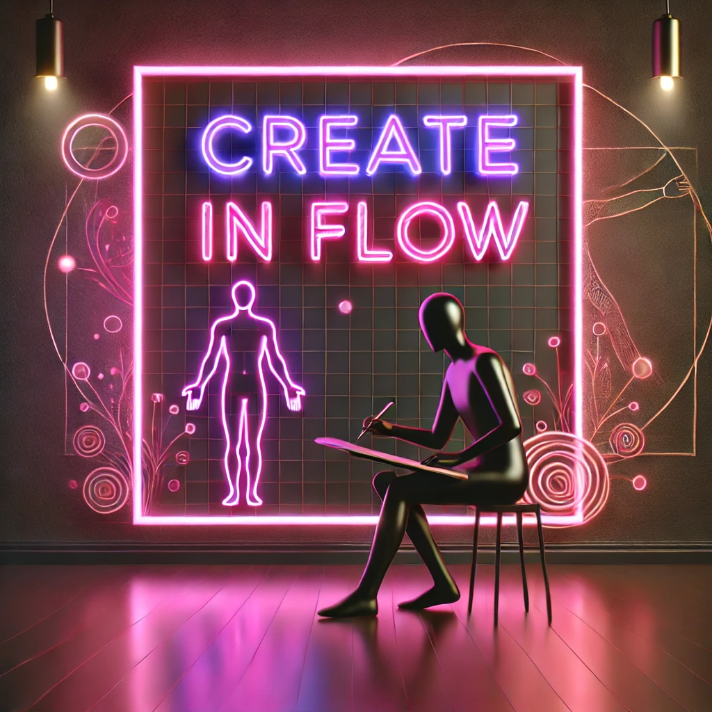 neon "Create in Flow" sign and a subtle Human Design chart in the background. 
